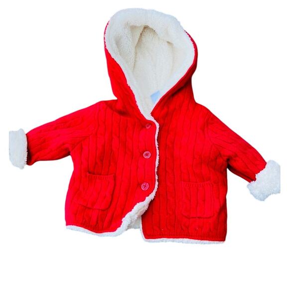 ❤️ Baby GAP Cable Knit Hooded Sherpa Cardigan 0–3M Red Cozy Christmas soft - Picture 1 of 4